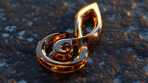 Metallic treble clef emblem on textured dark surface.