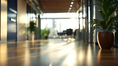 Office corridor shows potted plants and sunlit wood floor