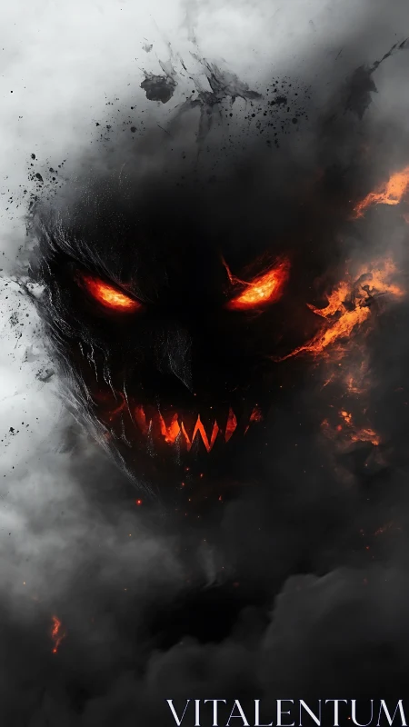 Demonic smoke face emerges from burning darkness with fire