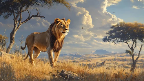 Sunlit Savannah Monarch Pauses Beneath Thunderhead Skies.