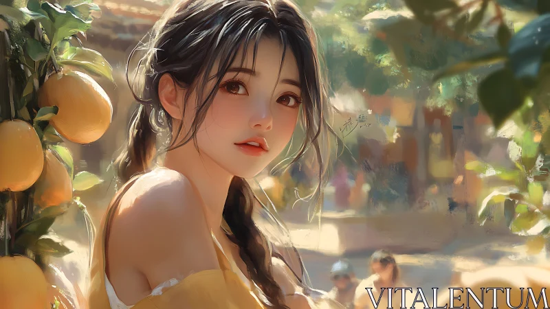 Young woman by citrus tree in sunlit outdoor market scene.