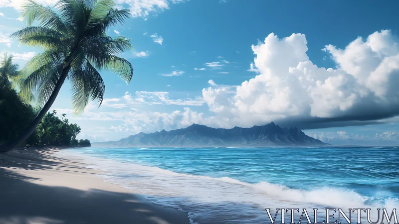 Tropical coastal landscape with distant volcanic island formation.