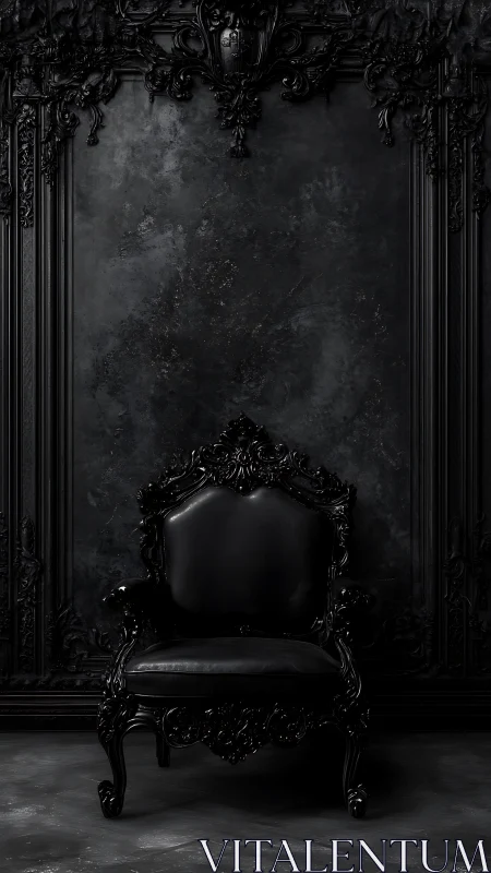 Opulent black throne in a moody, darkly elegant room.