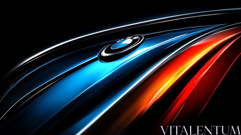 BMW logo closeup with dynamic blue and red light streaks.
