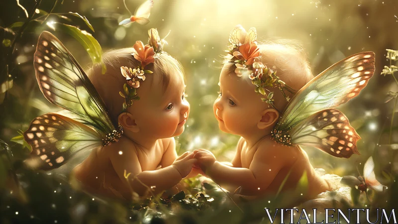 Twin fairy babies in glowing woodland meadow light.