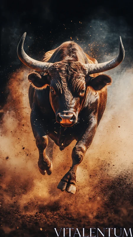 Photorealistic charging bull in dynamic frontal composition.