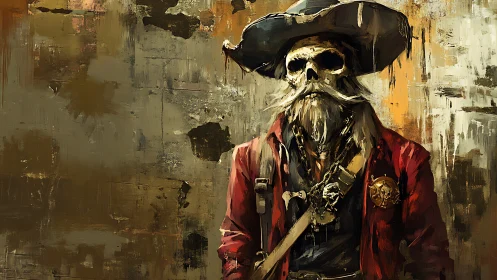 Undead pirate captain in crimson coat, textured painterly backdrop.