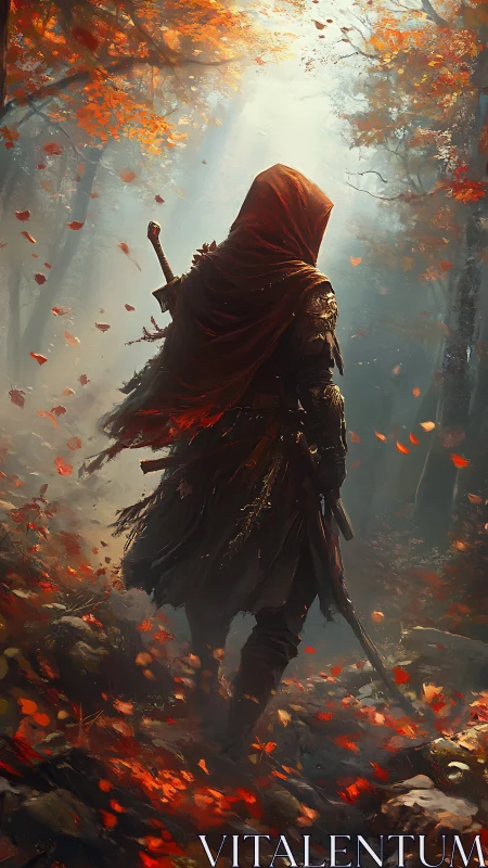 Hooded wanderer strides through an ember-lit autumn forest