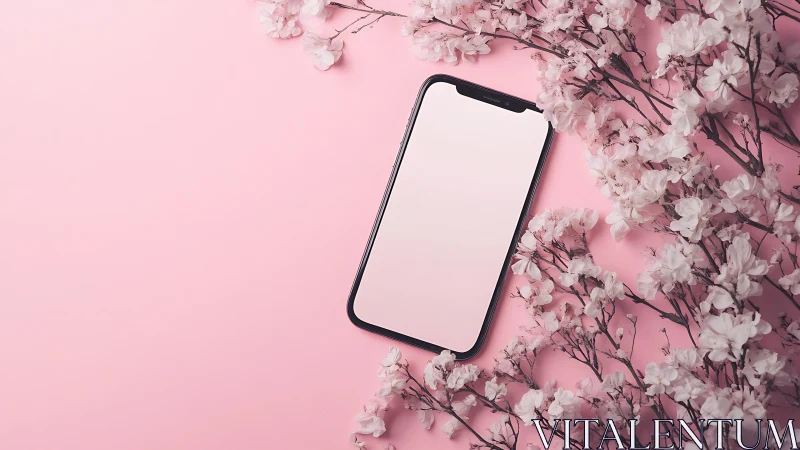 Smartphone with Blank Display on Pink Botanical Surface Arrangement