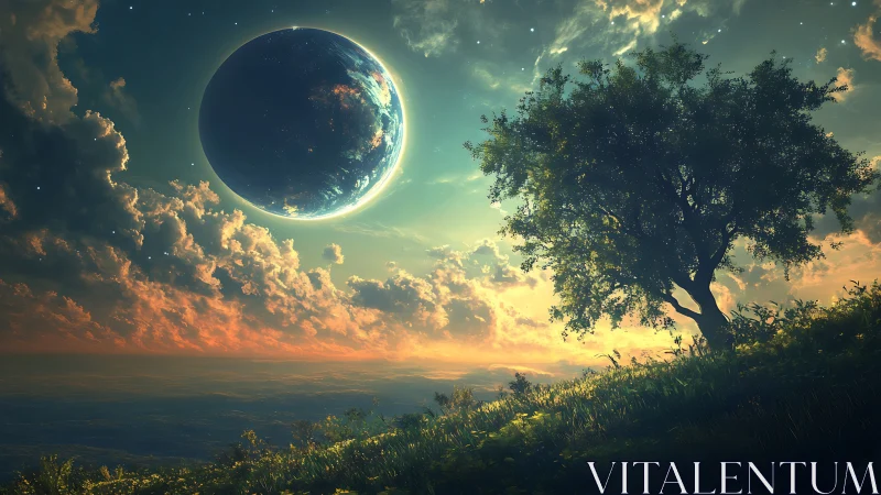 Planetary sky over sunlit hillside with silhouetted lone tree