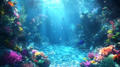 Sunlit coral reef valley glows with dense tropical marine life