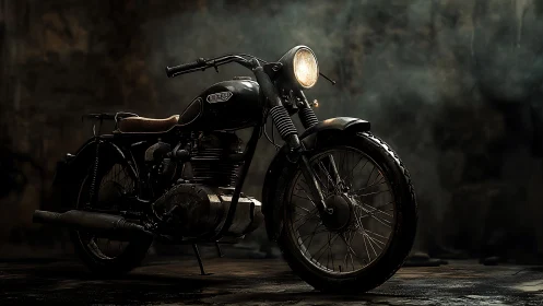 Weathered vintage motorcycle in low key cinematic side lighting
