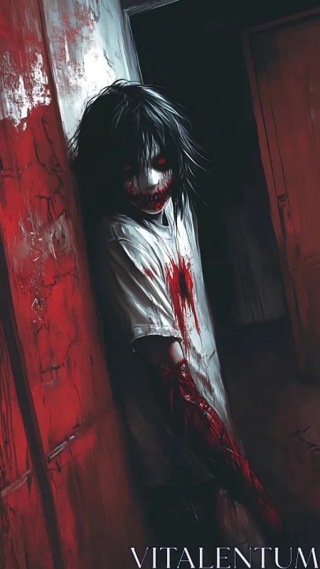 Bloodstained hallway specter leans against cracked red wall