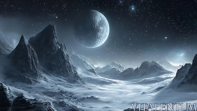 Moonlit ice giants brood under a silent star-salted sky