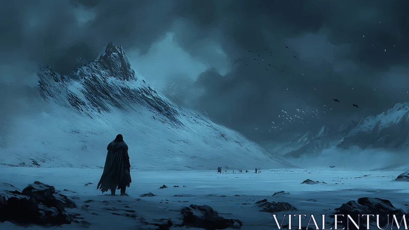Lone wanderer studies stormlit peaks in frozen twilight hush