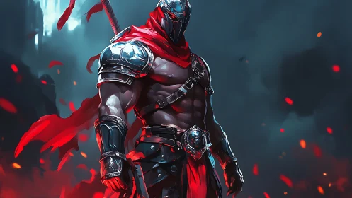 Armored masked warrior stands amid glowing crimson embers