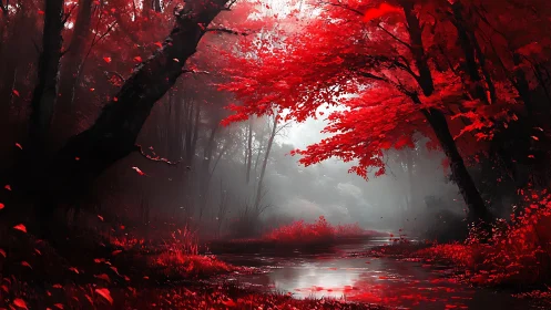 Infrared-toned forest stream with red canopy and volumetric fog