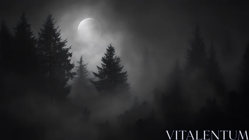 Moonlit pines whisper through a charcoal-swirled fog veil.