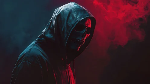 Hooded skull emerges from red smoke in ominous darkness