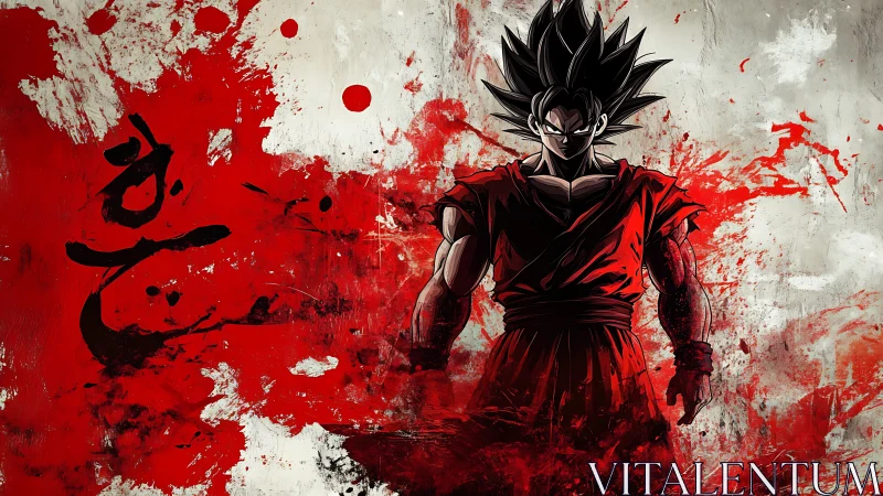 Anime warrior silhouette in red ink-splatter composition.