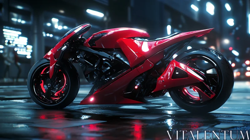 Futuristic red superbike on wet neon city street at night