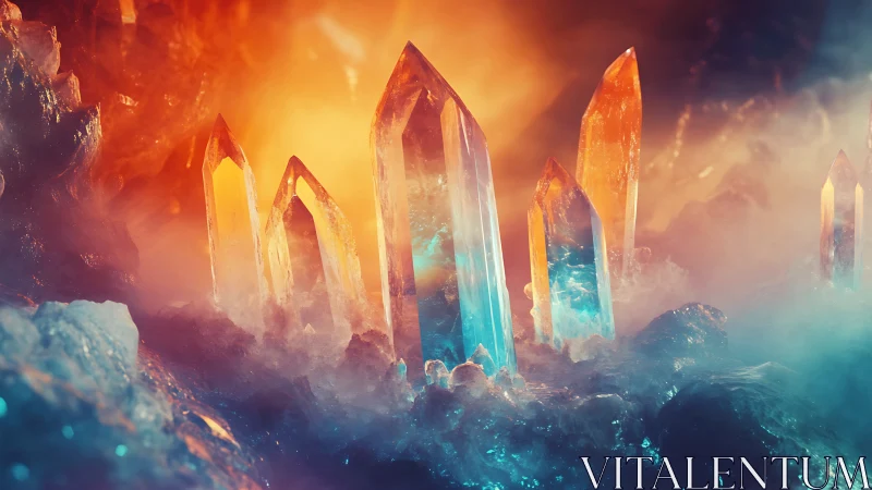 Luminous crystal spires ignite a misty otherworldly cavern.