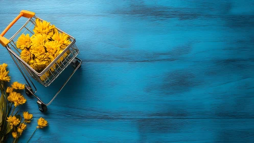Chromatic Contrast: Yellow Florals in Shopping Cart Composition.