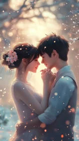 Two animated figures embrace with glowing particles in romantic scene
