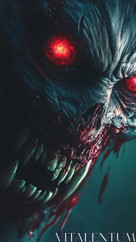 Demonic creature glares with burning red eyes and torn jaws