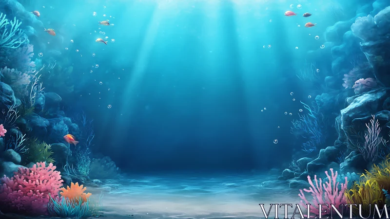 Gentle sunlit ocean floor with colorful coral and fish.