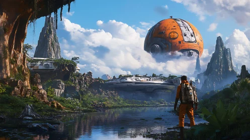Explorer gazes toward a floating orange sci fi sphere world.