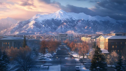 Snow-clad mountain cityscape captures sunrise over neoclassical avenue