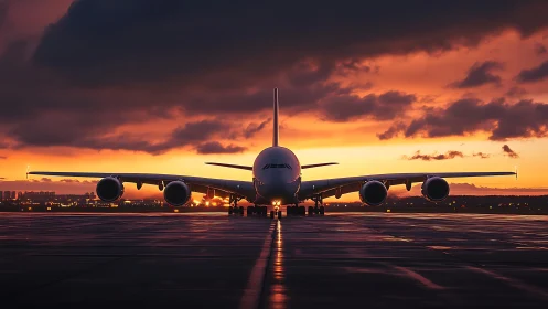 Sunset runway moment with a quiet giant jet waiting to go.