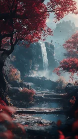 Digital landscape render shows waterfall amid red foliage