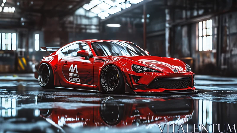 Red widebody drift car dominates wet industrial hangar.