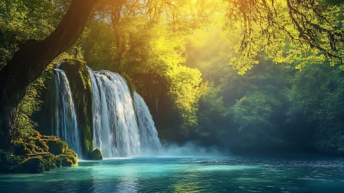 Sunlit forest waterfall serenading a turquoise dream pool.