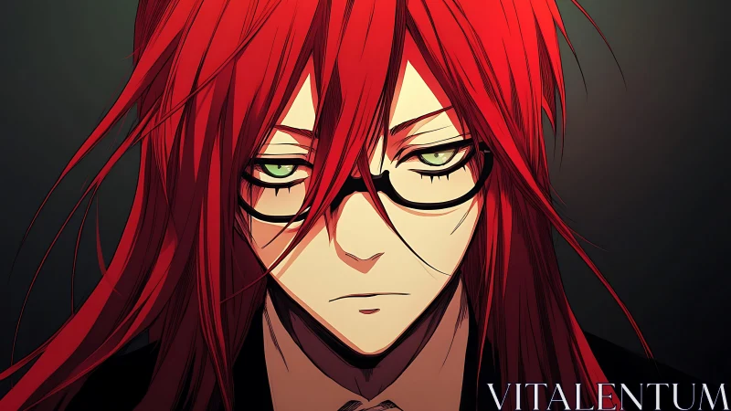 Intense red haired anime portrait with glasses and moody lighting