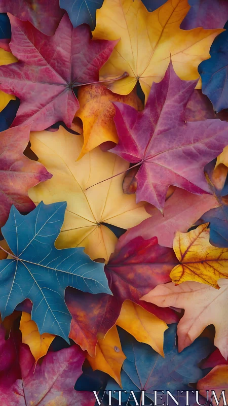 Multicolored maple leaves forming layered autumn pattern.