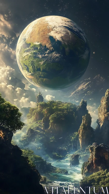 Floating terrestrial world above luminous fantasy landscape.