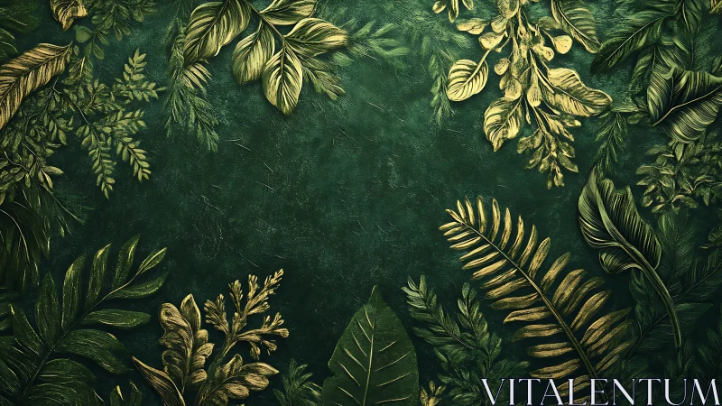 Emerald botanical frame with gold-accented tropical foliage.