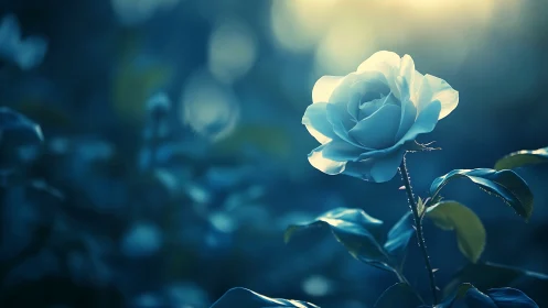 White rose bloom backlit against diffused blue foliage.