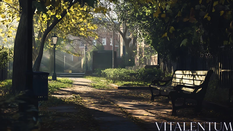 Quiet city park path with empty bench in morning light.