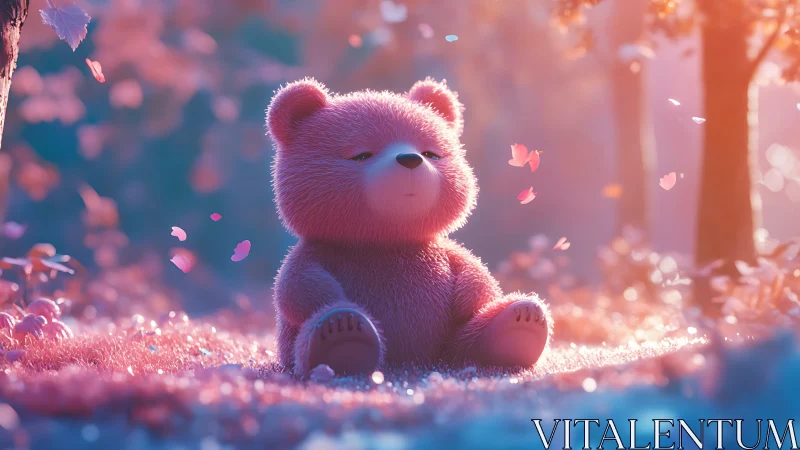 Serene pastel bear meditating in dreamy forest glow.