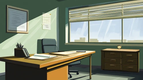 Sunlit administrative office interior under linear perspective.