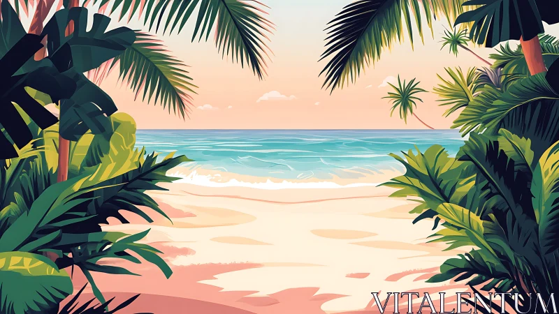 Tropical Beach Landscape with Framing Vegetation.