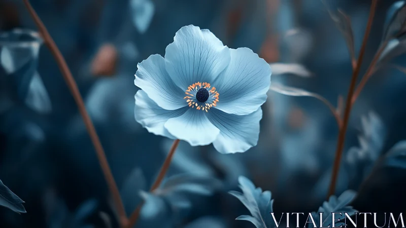 Light blue flower with orange center against blurred foliage