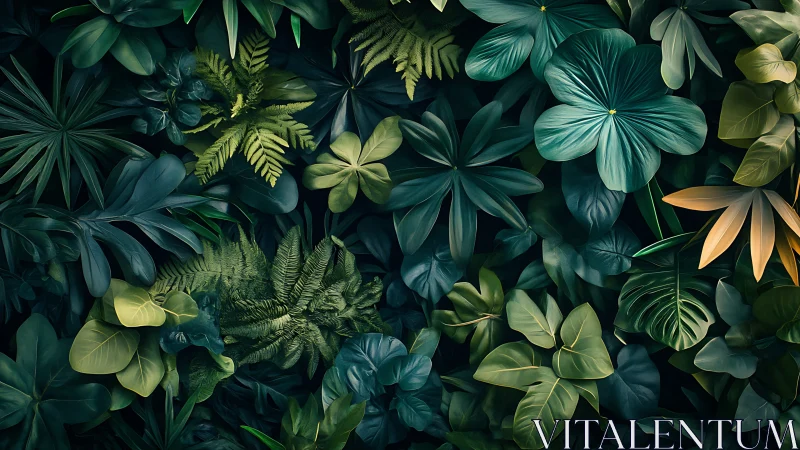 Dense arrangement of overlapping tropical green foliage.