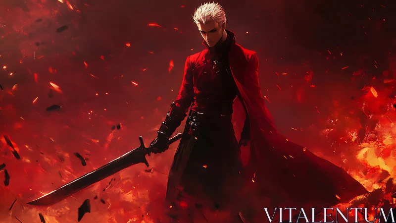 Crimson swordsman carves silence from a storm of burning embers