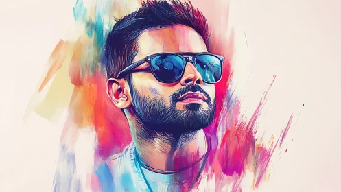 Digital portrait depicts man with sunglasses in color gradients
