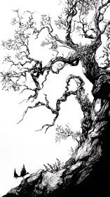 Gnarled cliffside tree in stark black ink silhouette.